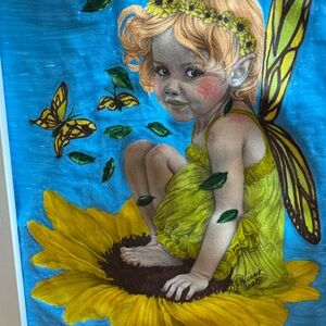 Fairy Child Art Portrait with Sunflower and Butterflies